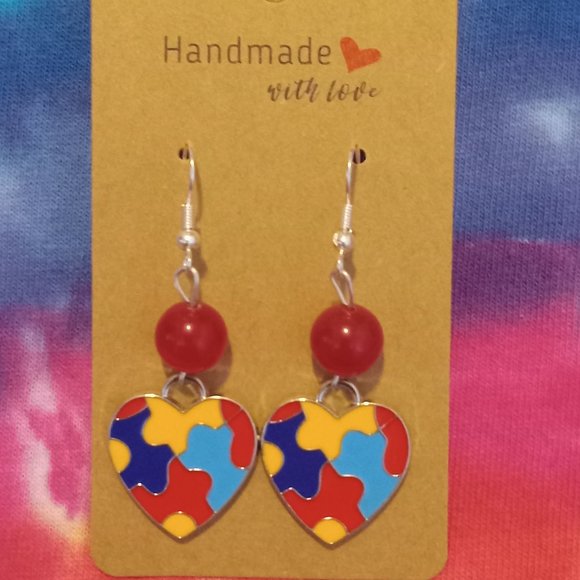 Handmade Autism Awareness Heart Earrings - Picture 1 of 5